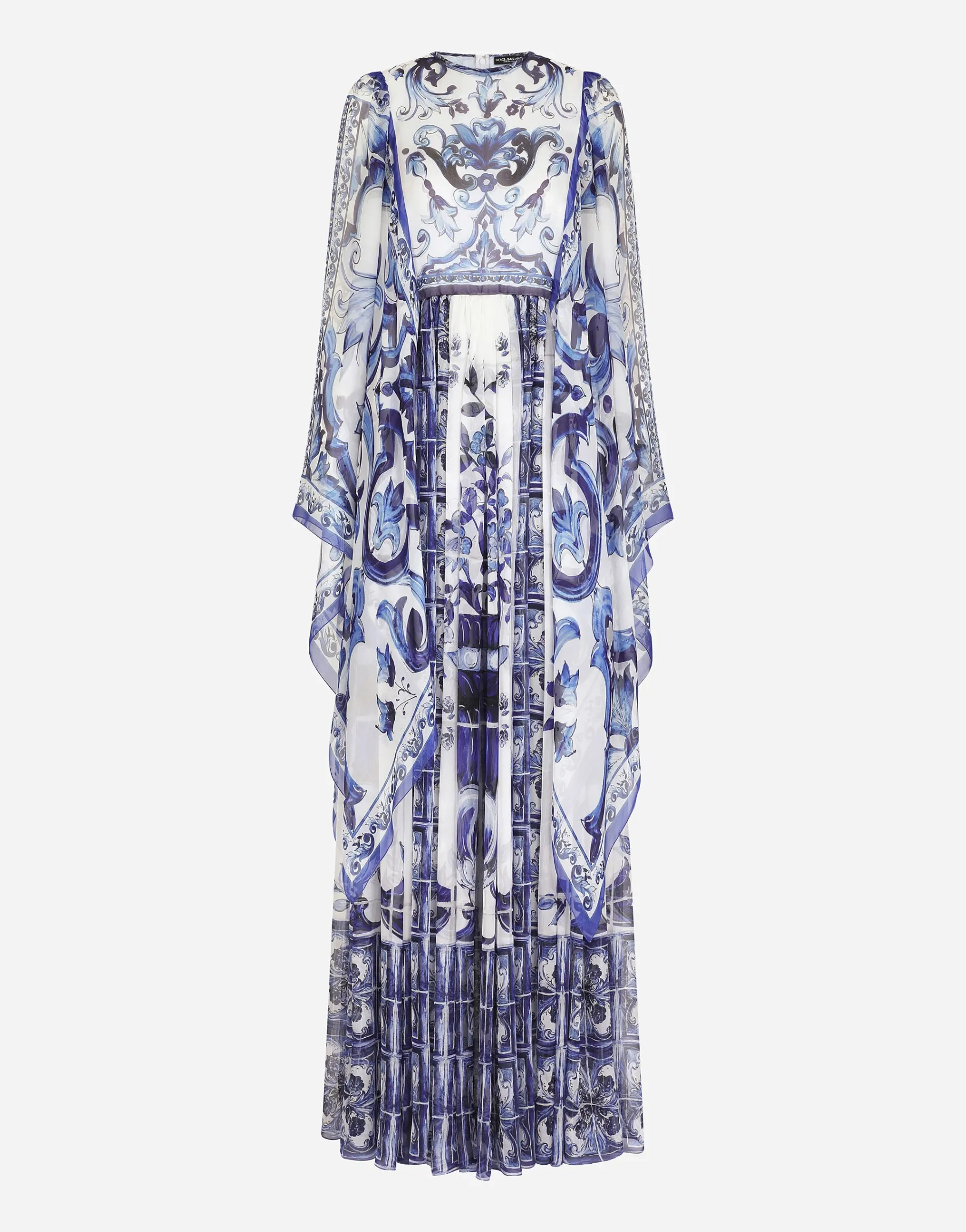 Long majolica-print chiffon dress
