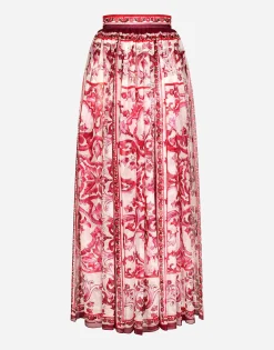 Long Majolica-print chiffon skirt