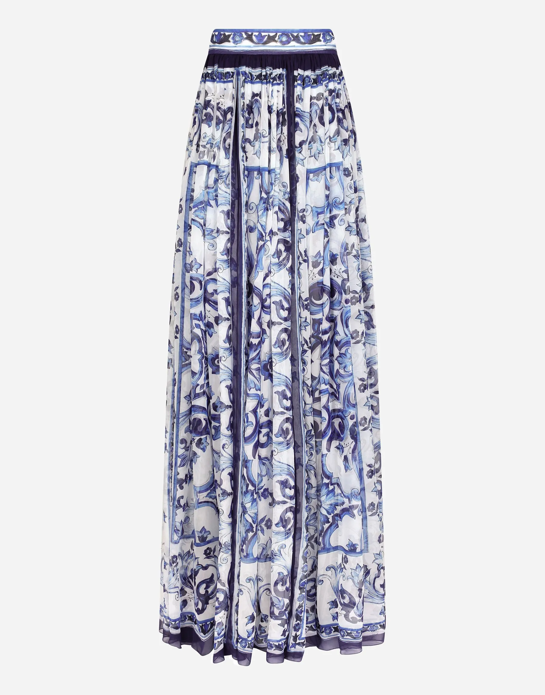 Long majolica-print chiffon skirt