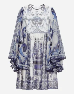 Long majolica-print chiffon dress