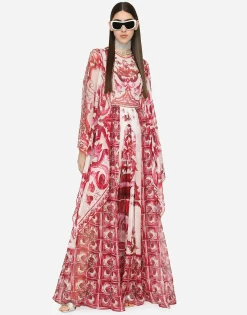 Long Majolica-print chiffon dress