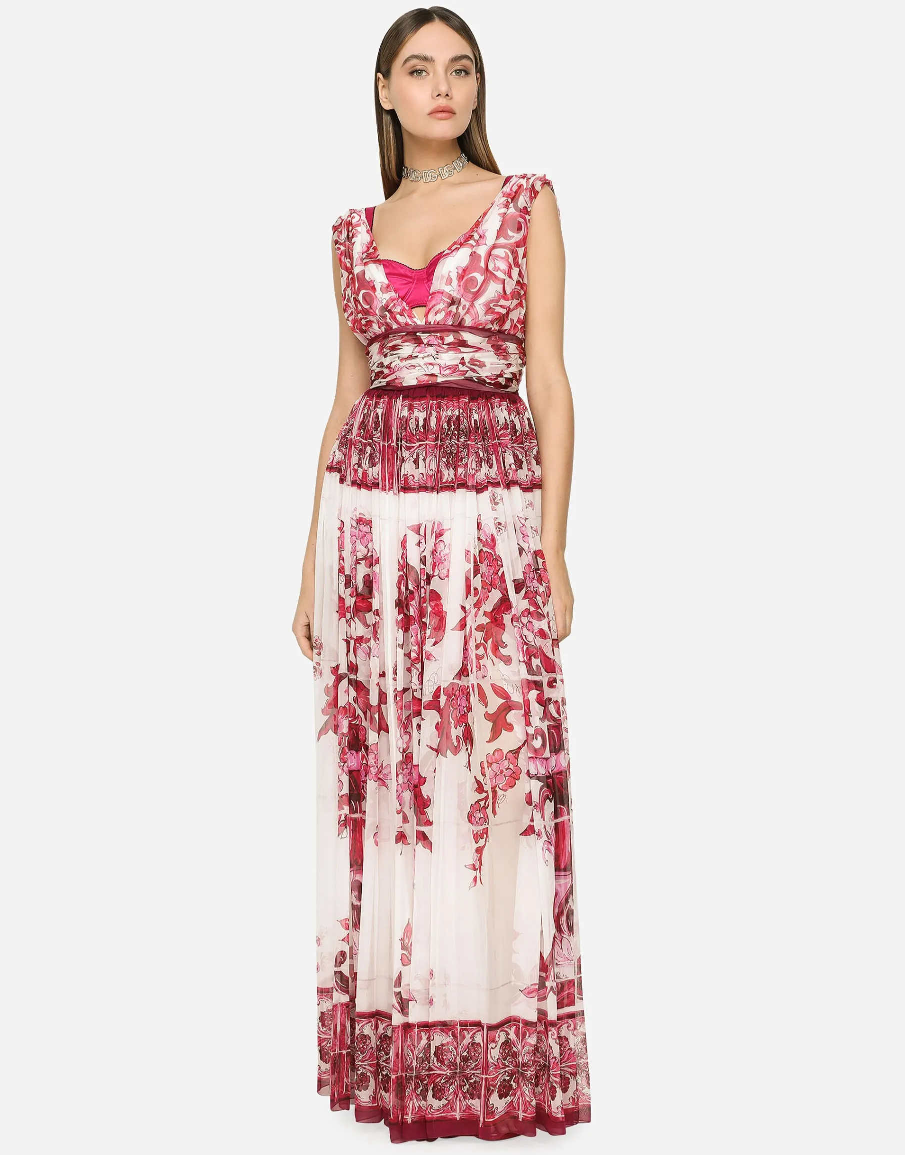 Long Majolica-print chiffon dress