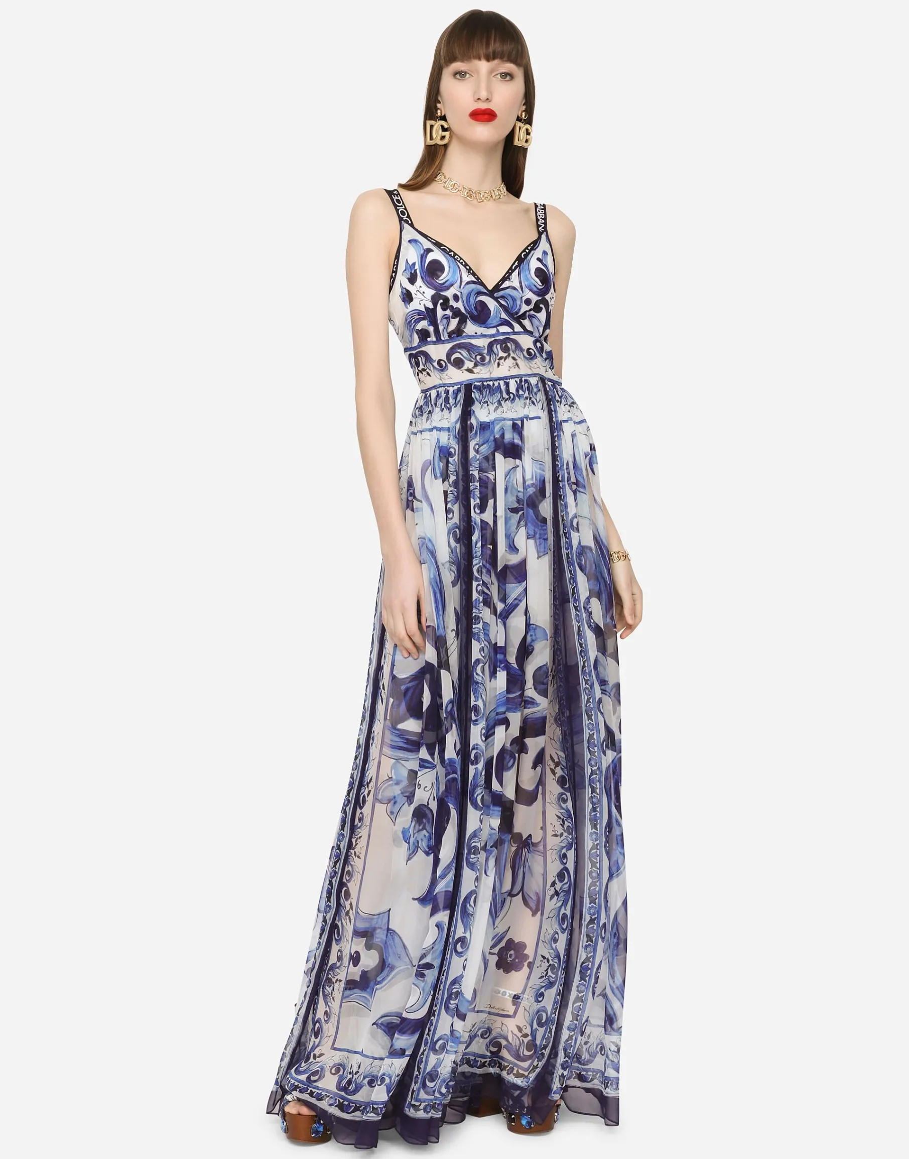 Long majolica-print chiffon dress