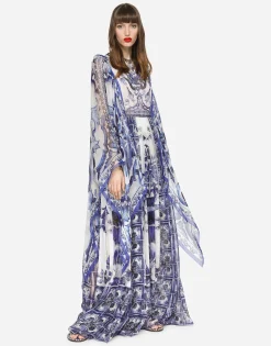 Long majolica-print chiffon dress