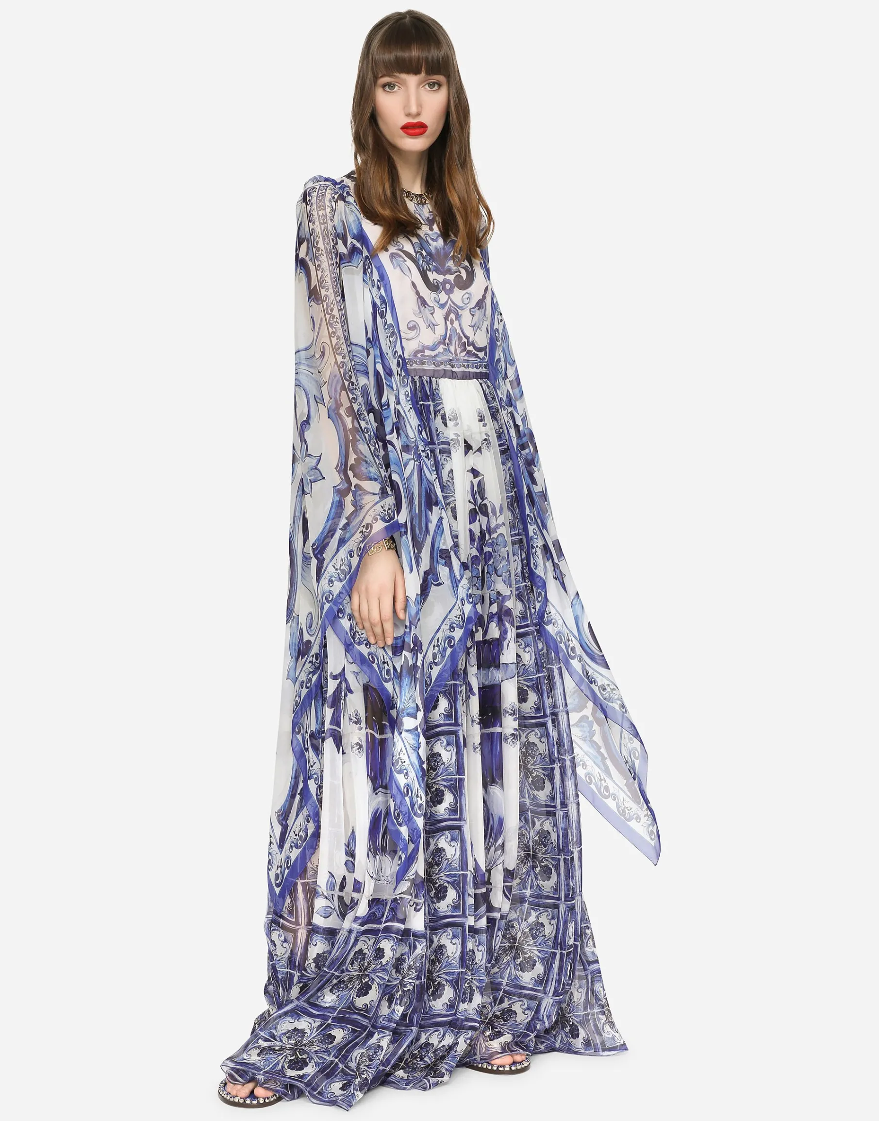 Long majolica-print chiffon dress