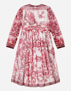 Long majolica-print chiffon dress
