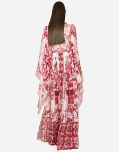 Long Majolica-print chiffon dress