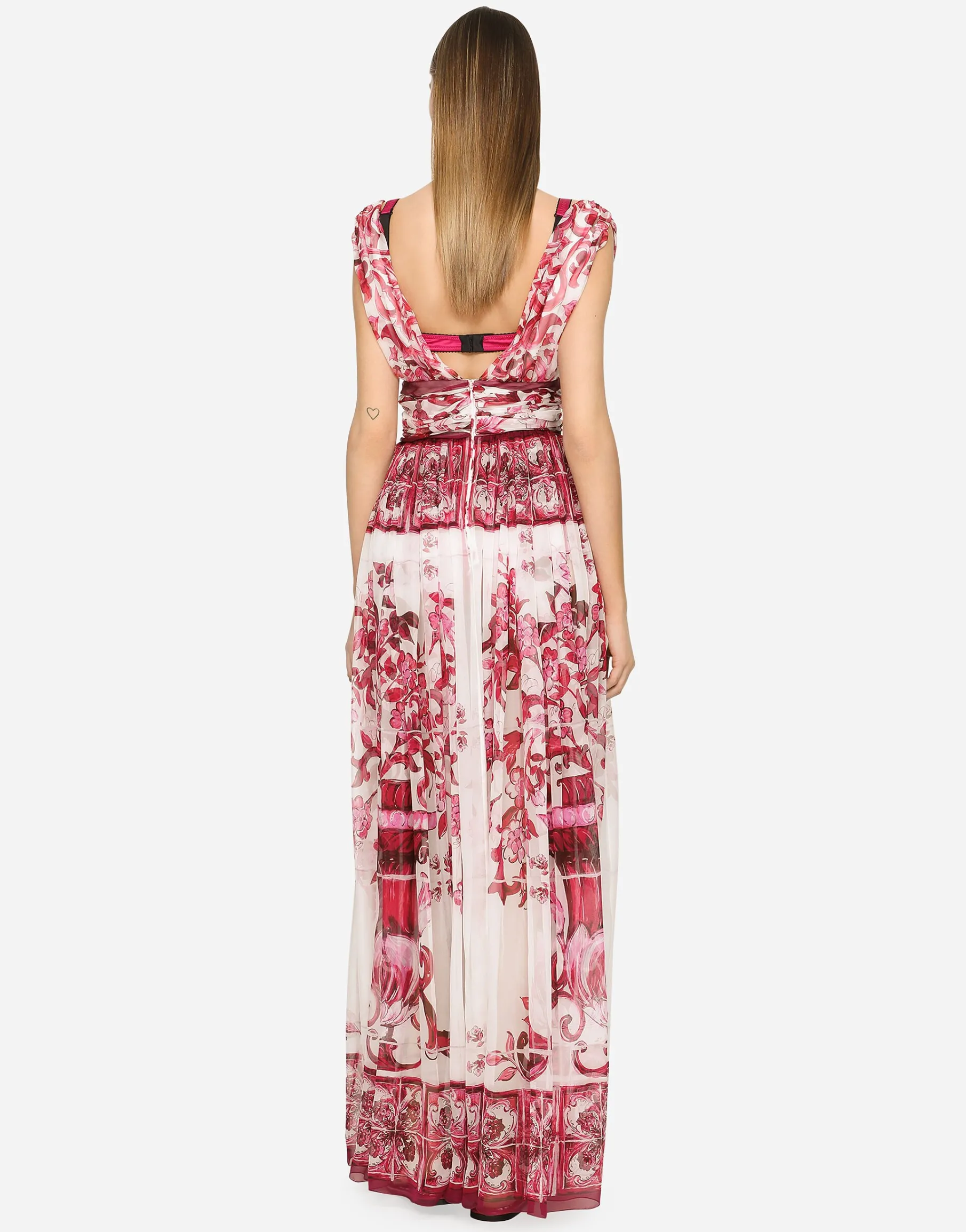 Long Majolica-print chiffon dress