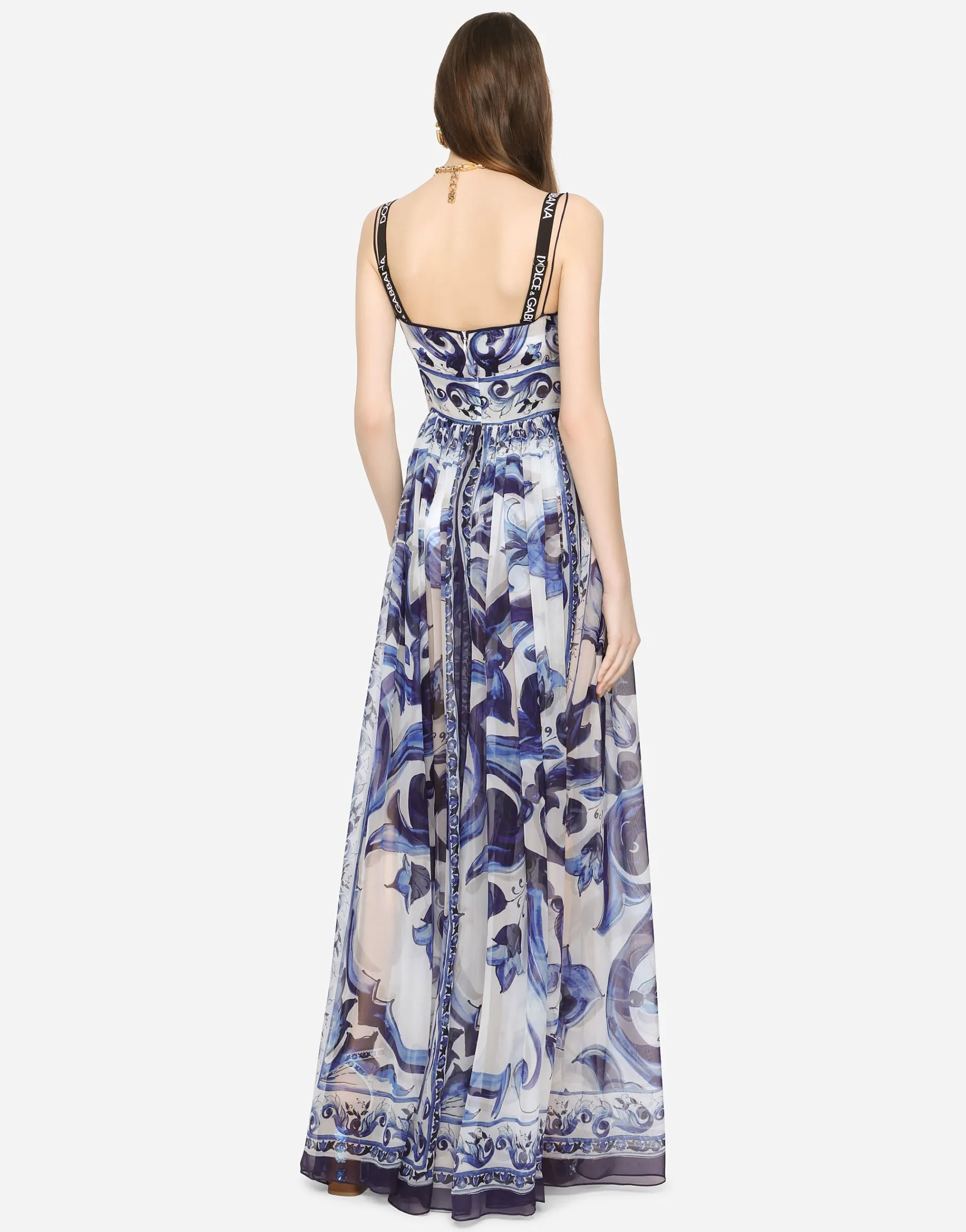 Long majolica-print chiffon dress