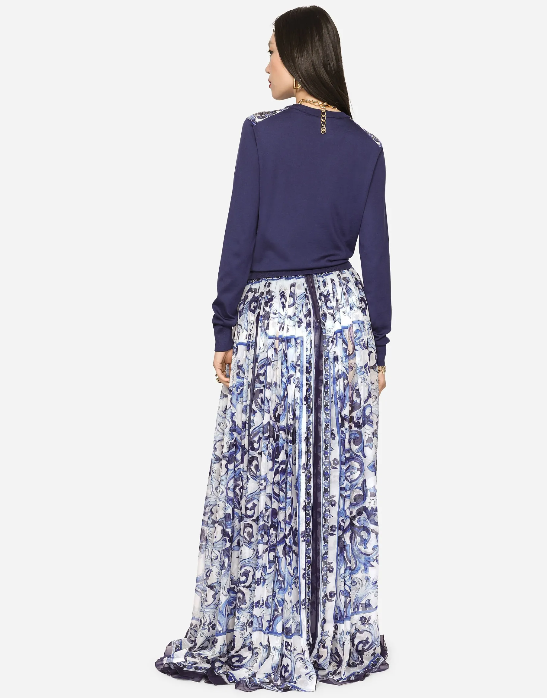 Long majolica-print chiffon skirt