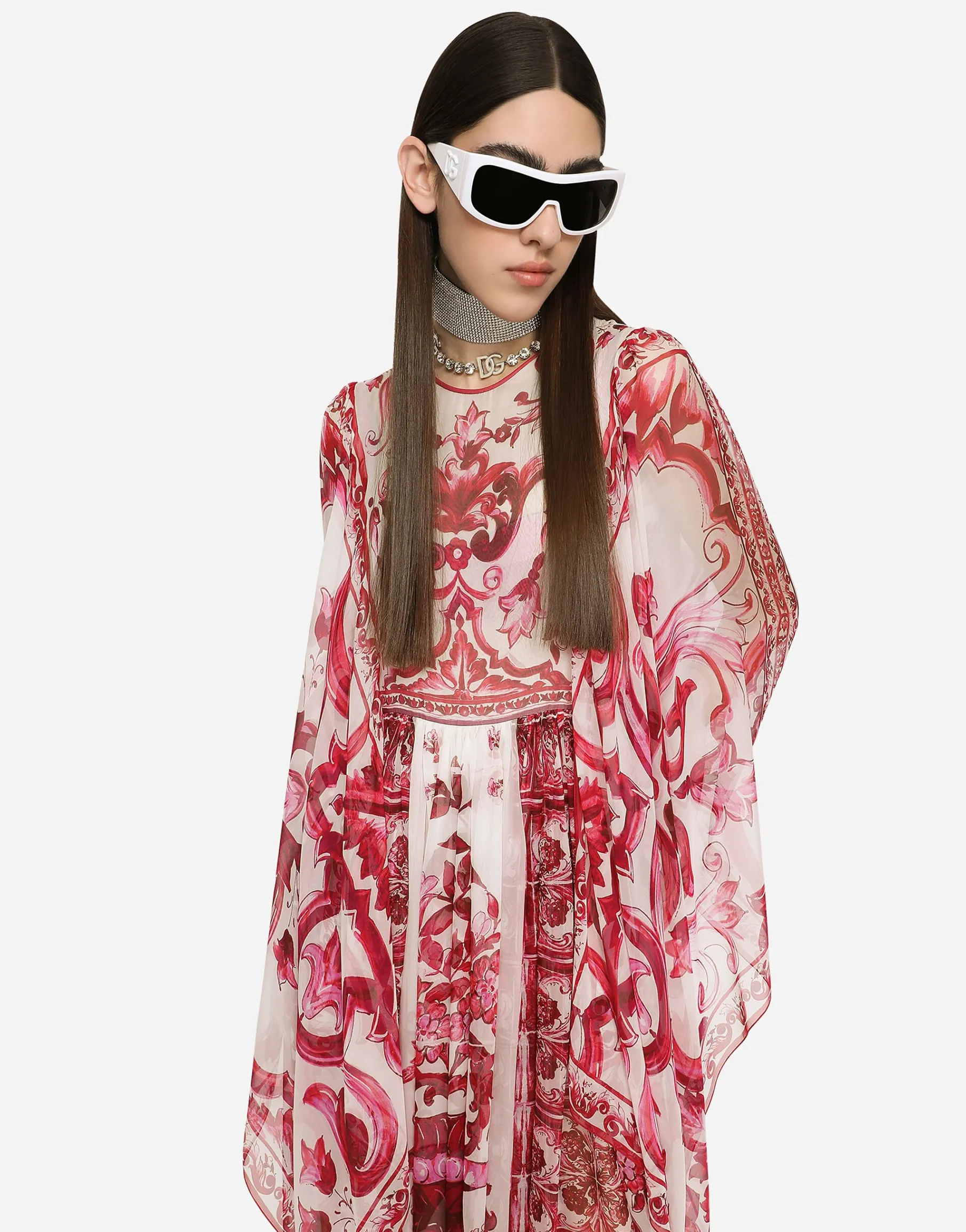 Long Majolica-print chiffon dress