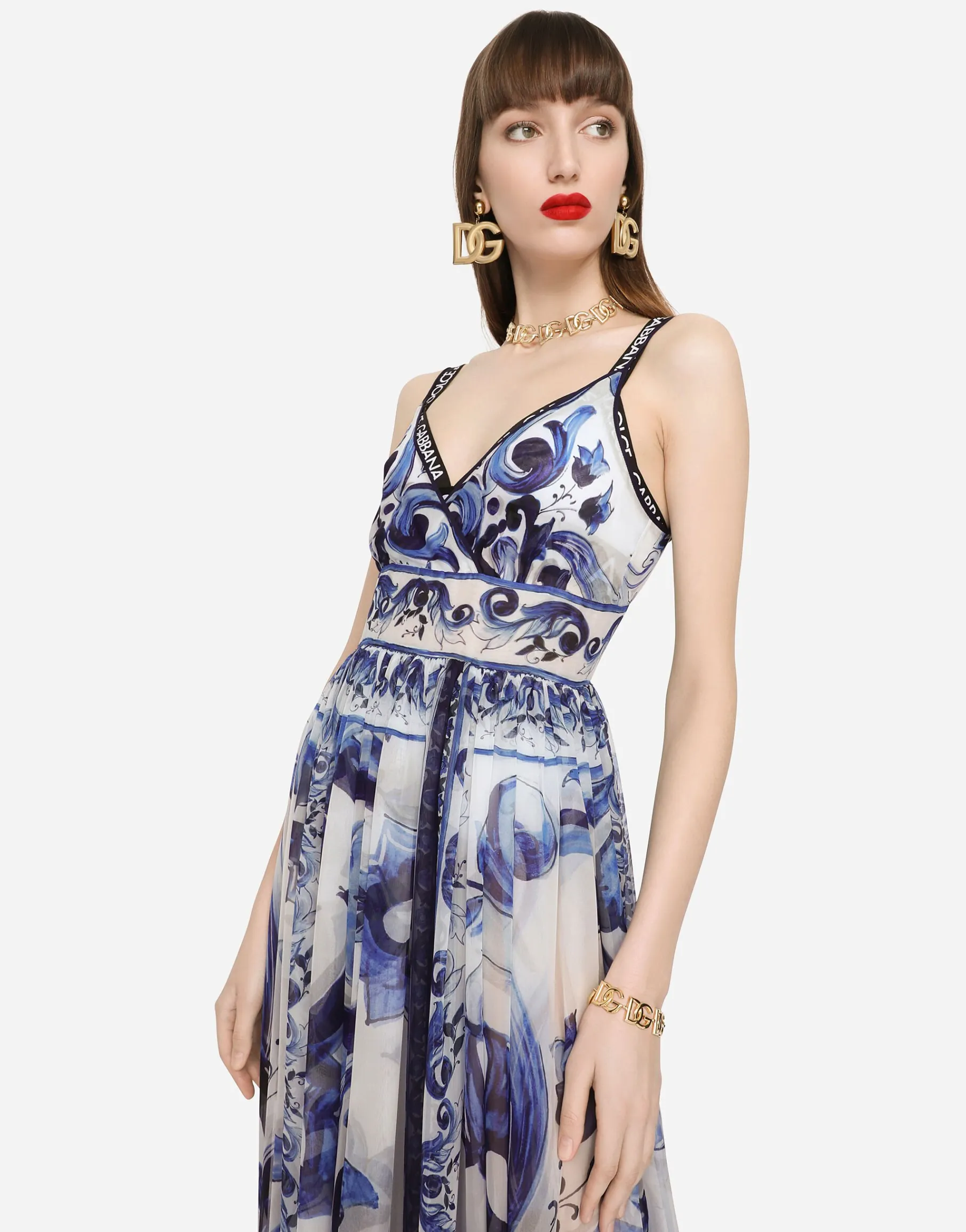 Long majolica-print chiffon dress