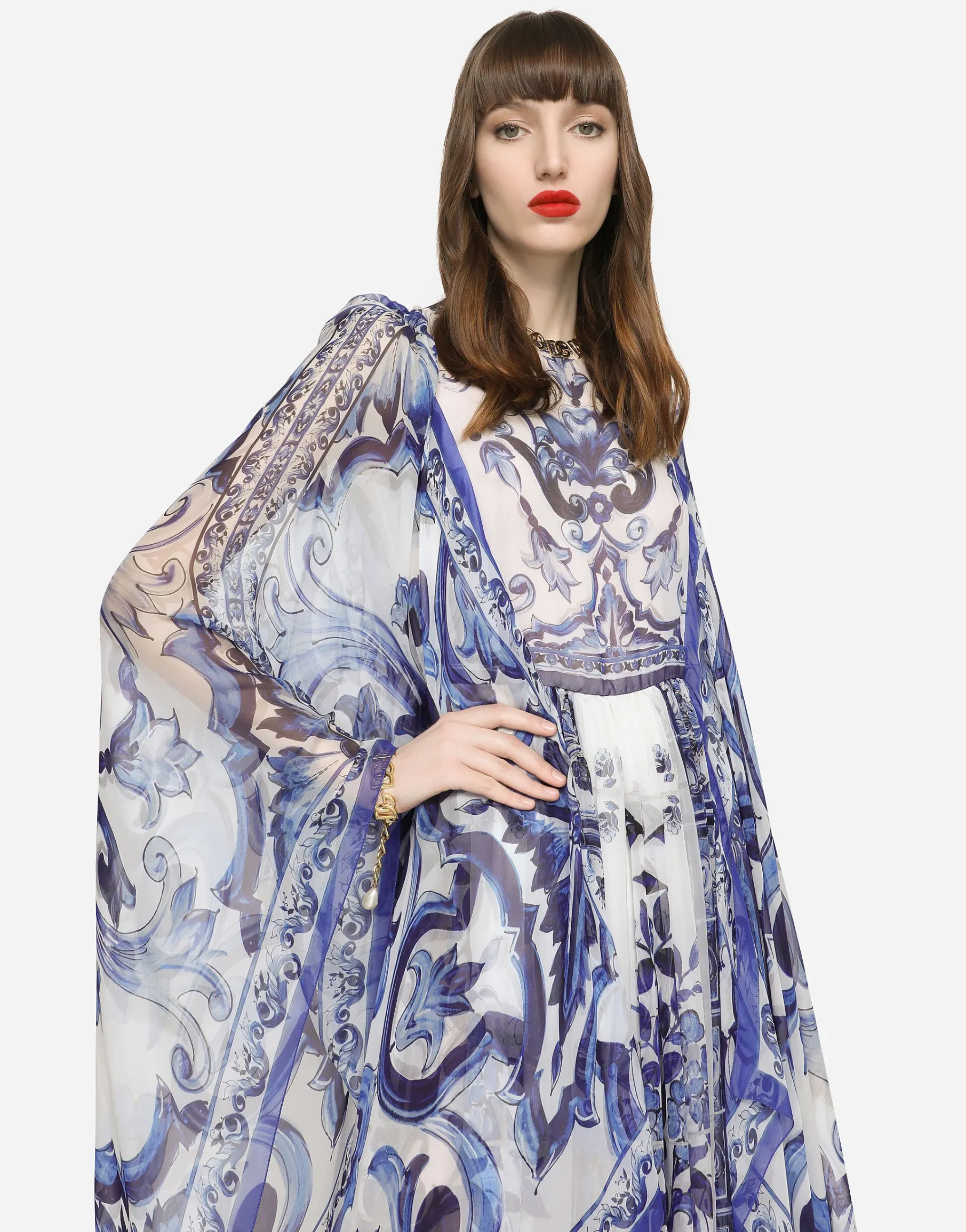 Long majolica-print chiffon dress