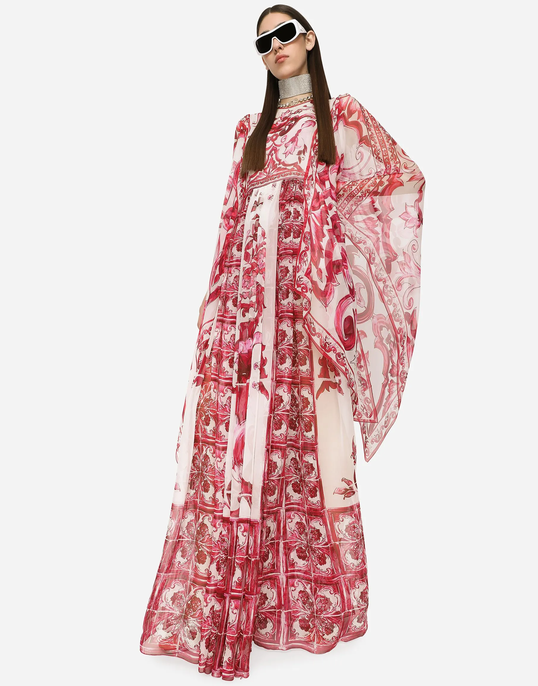 Long Majolica-print chiffon dress