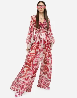 Long Majolica-print chiffon dress