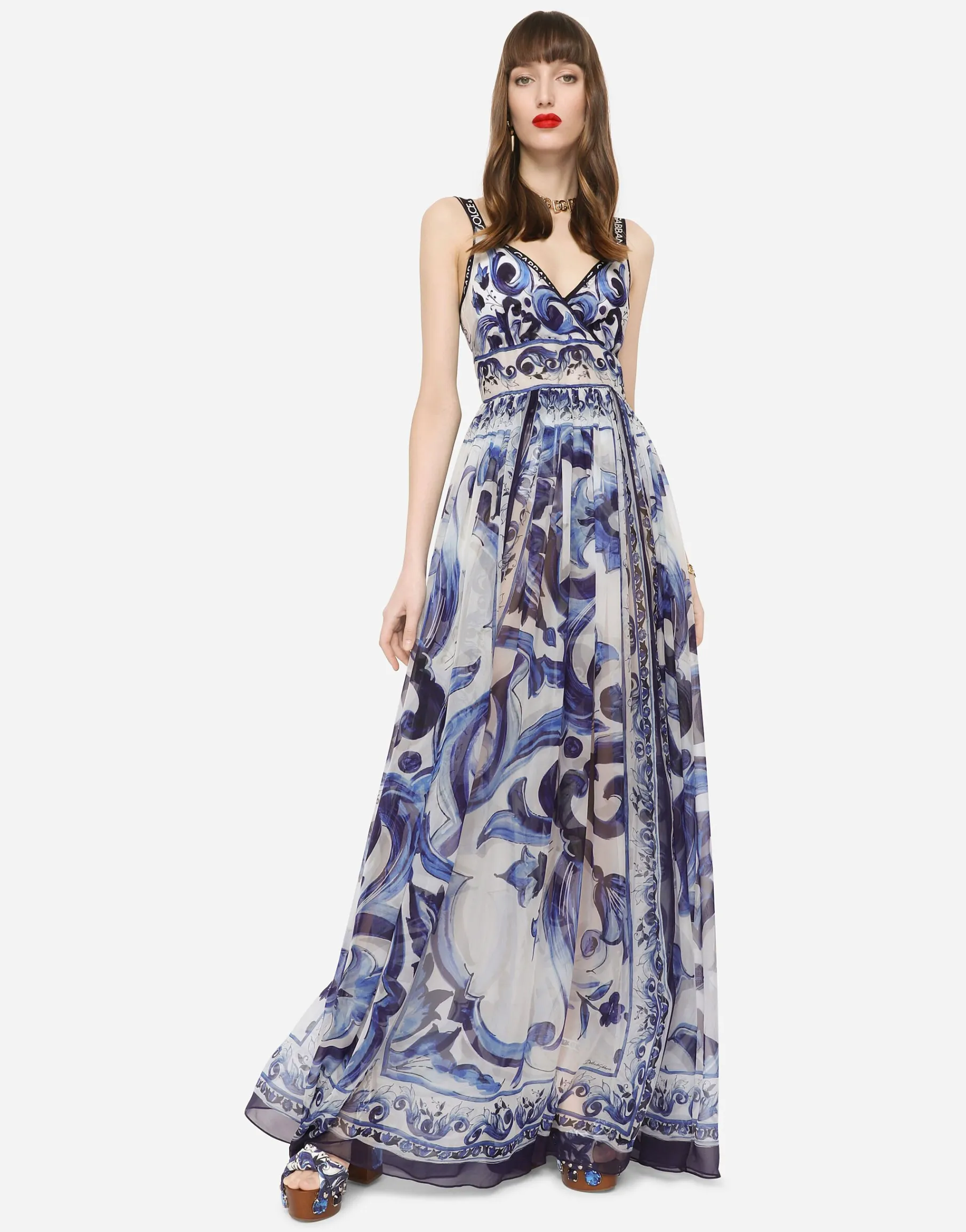 Long majolica-print chiffon dress