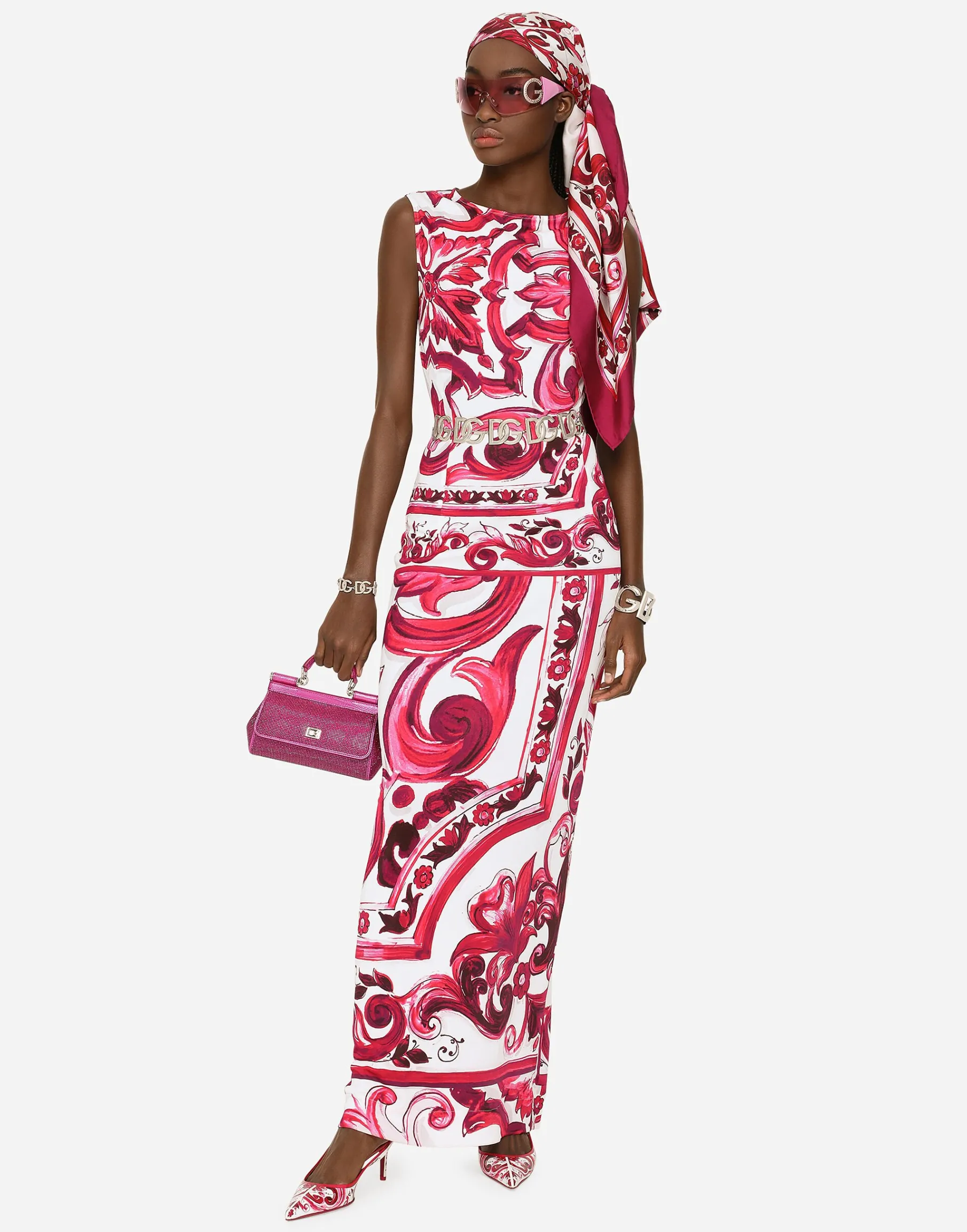 Long Majolica-print organzine dress