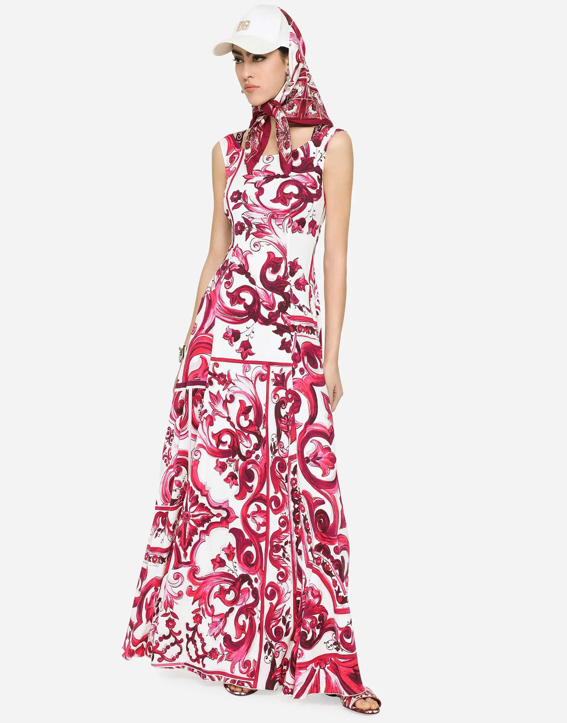 Long Majolica-print organzine dress
