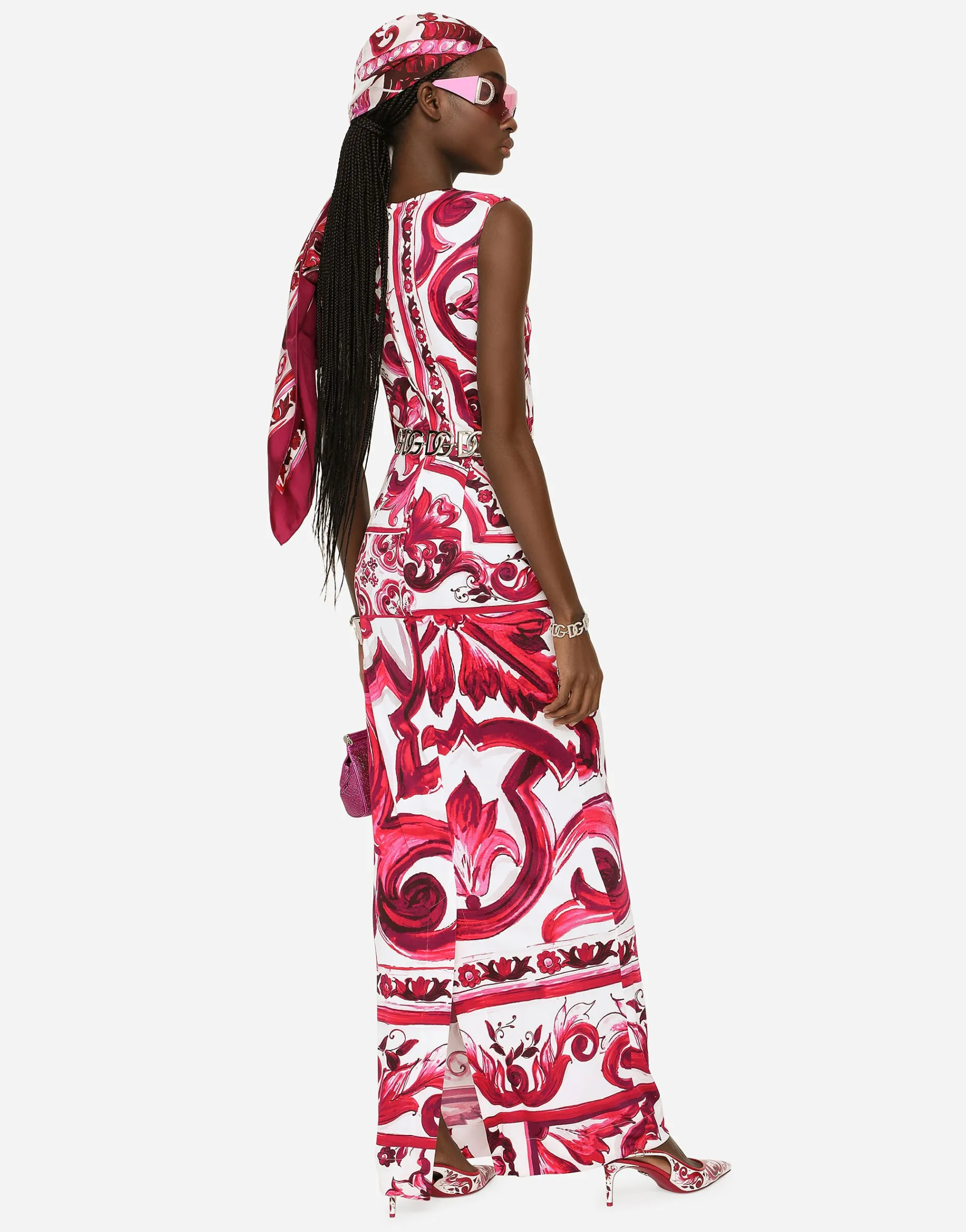 Long Majolica-print organzine dress