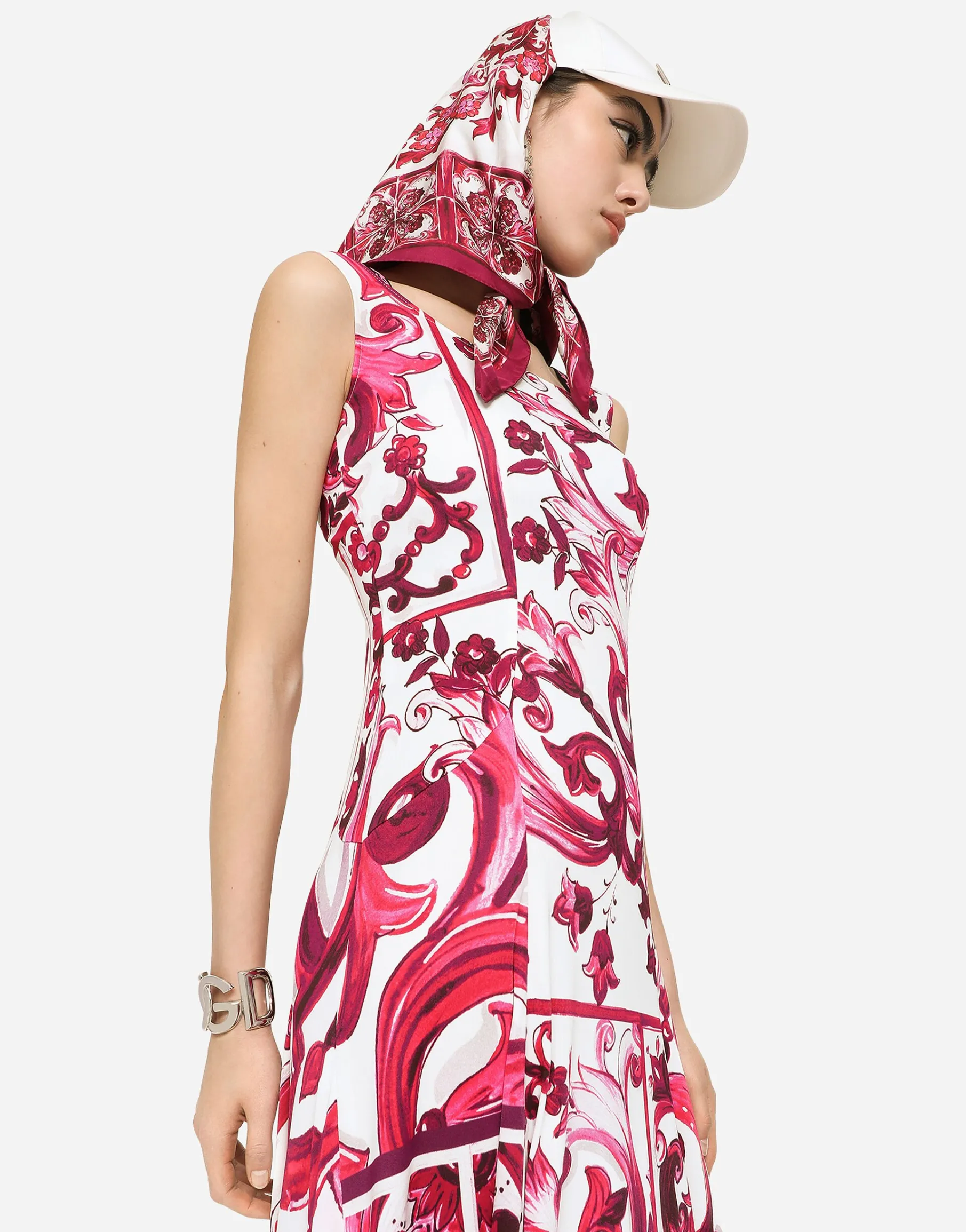 Long Majolica-print organzine dress