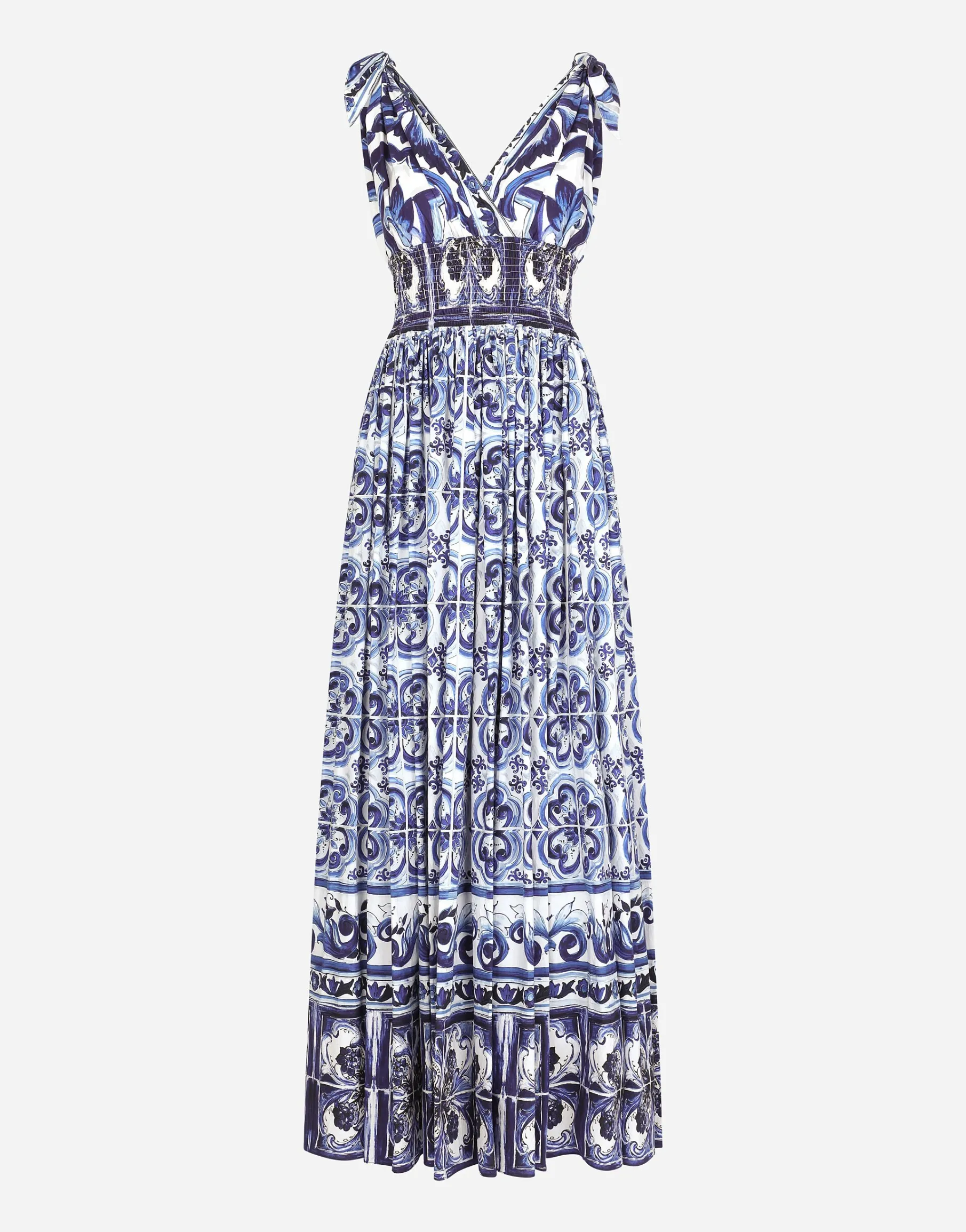 Long majolica-print poplin dress