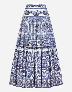 Long majolica-print poplin skirt