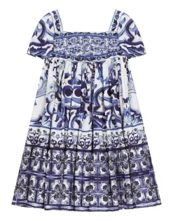 Long majolica-print poplin dress