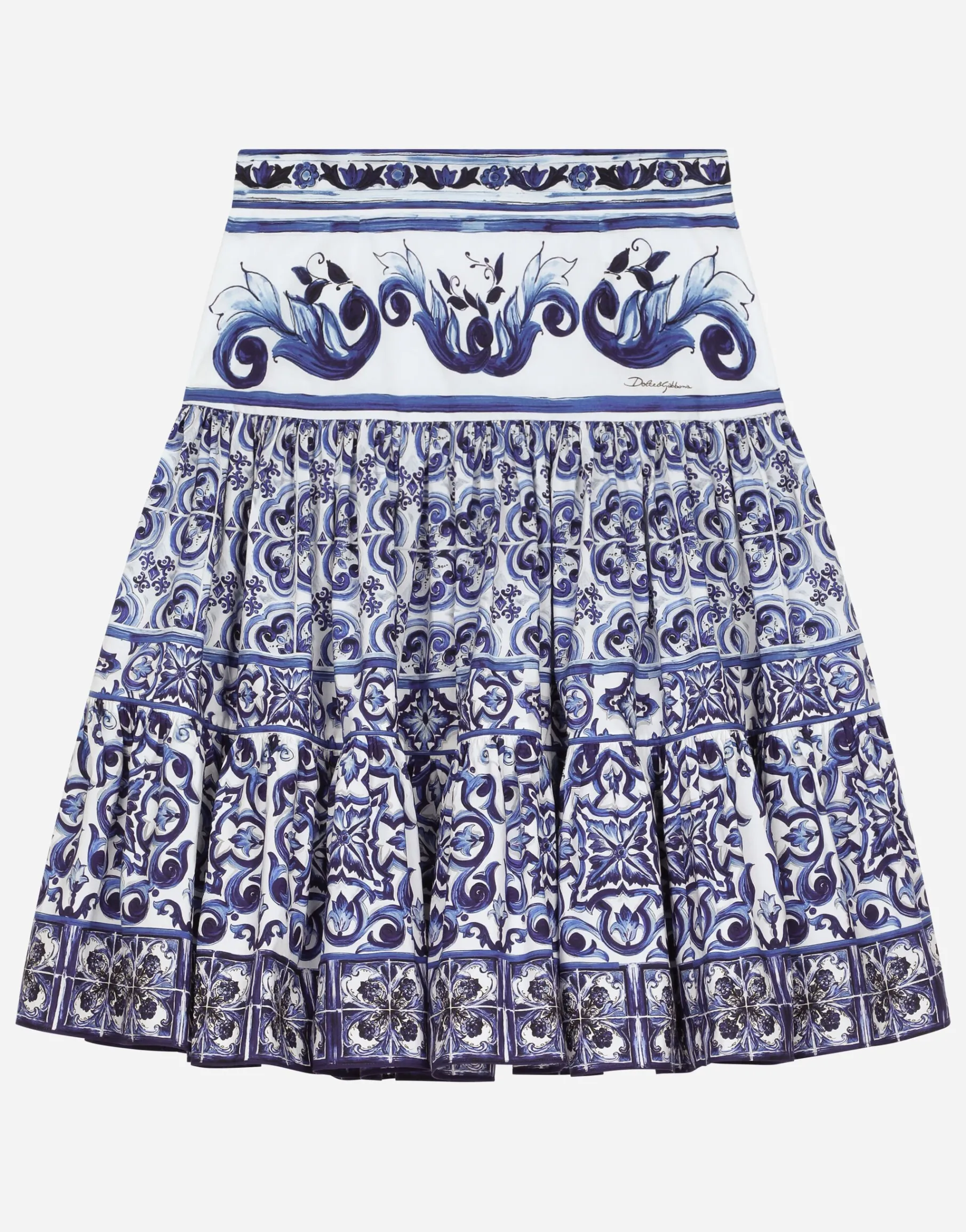 Long majolica-print poplin skirt