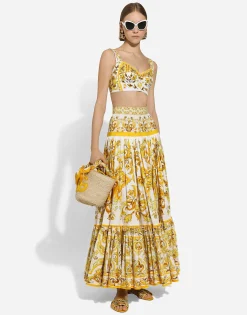 Long majolica-print poplin skirt with ruffles