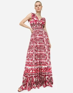 Long Majolica-print poplin dress