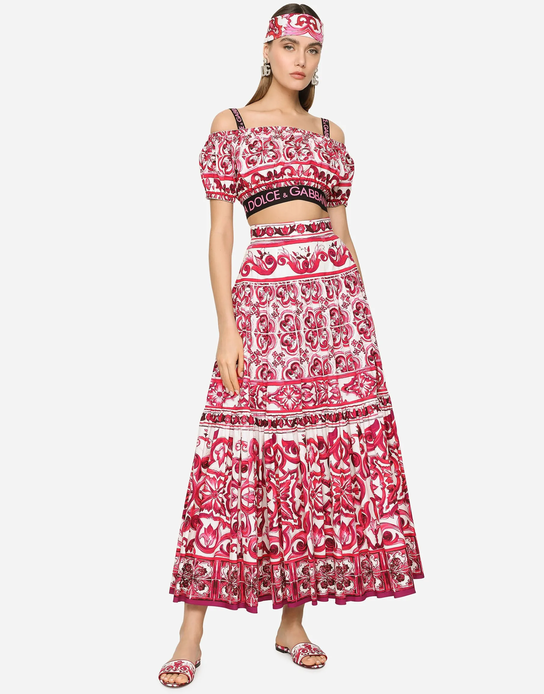 Long Majolica-print poplin skirt