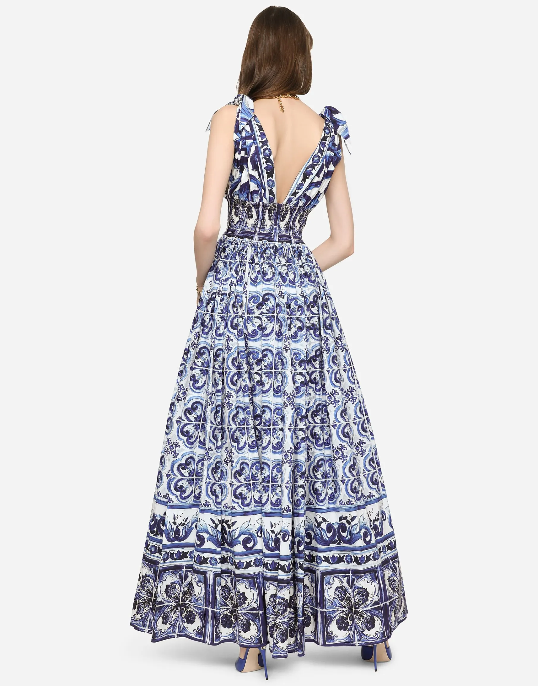 Long majolica-print poplin dress