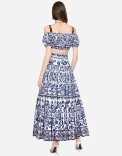 Long majolica-print poplin skirt