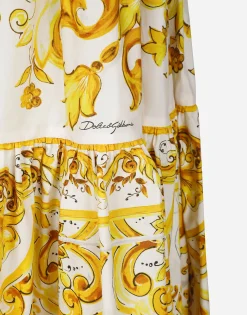 Long majolica-print poplin skirt with ruffles