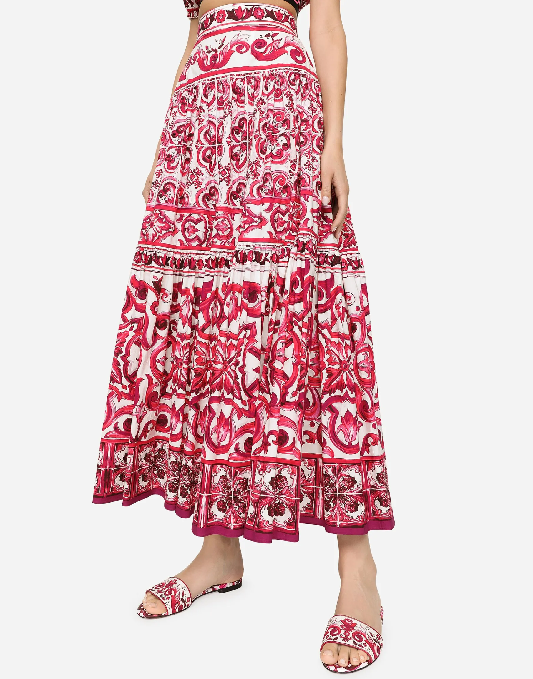 Long Majolica-print poplin skirt