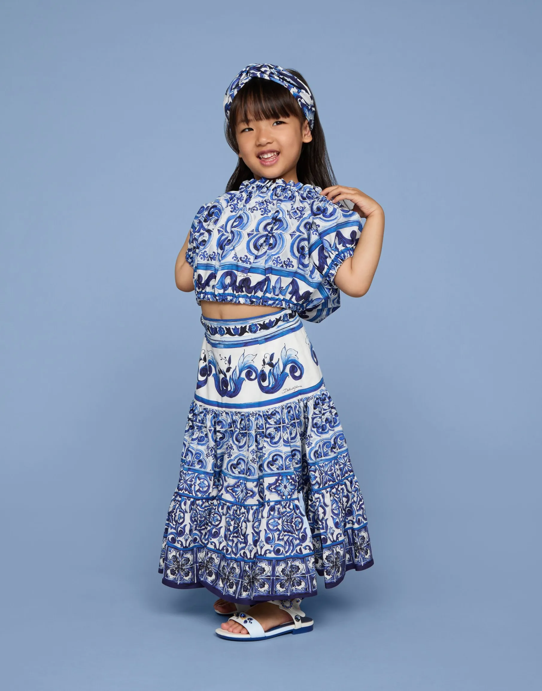 Long majolica-print poplin skirt