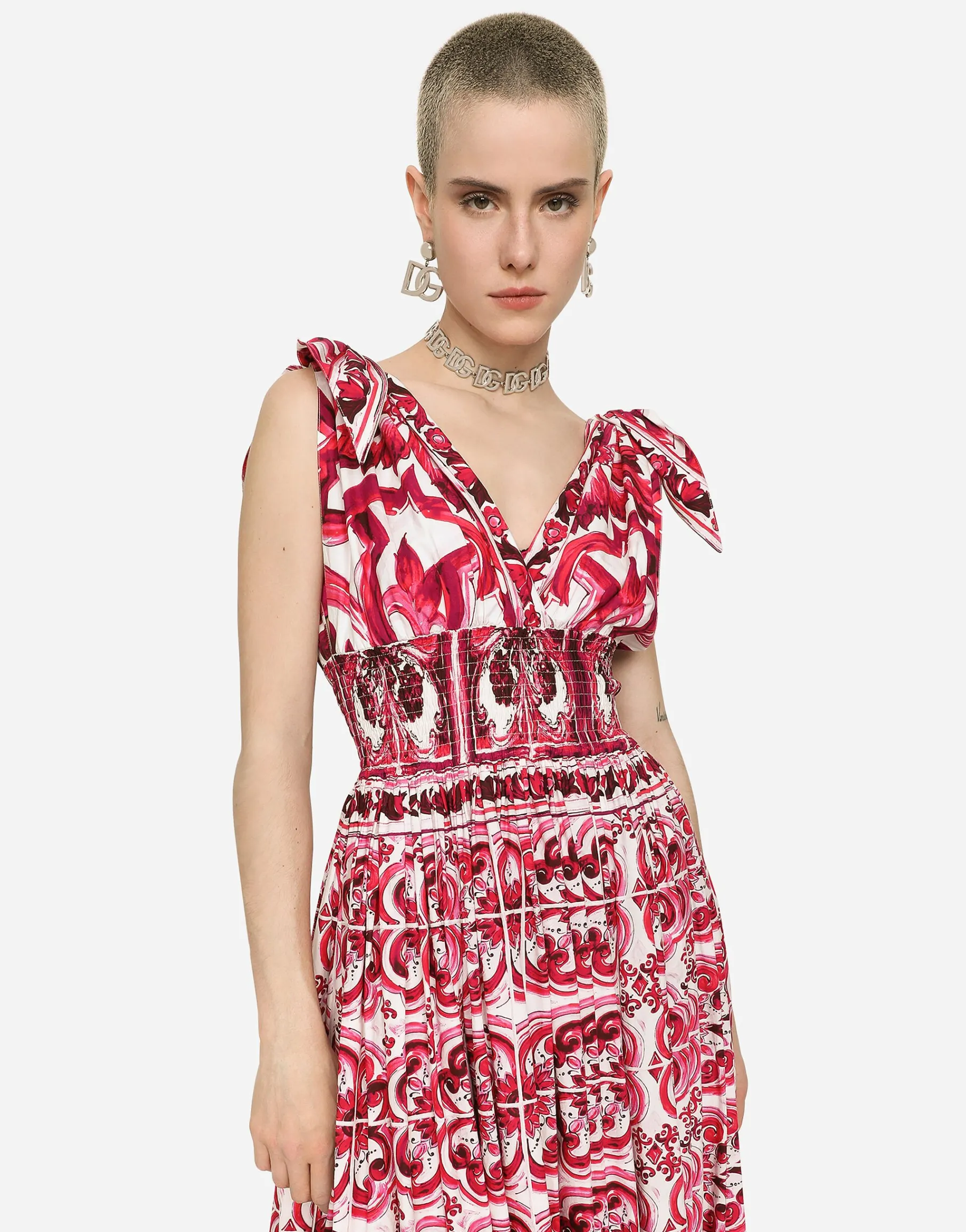 Long Majolica-print poplin dress