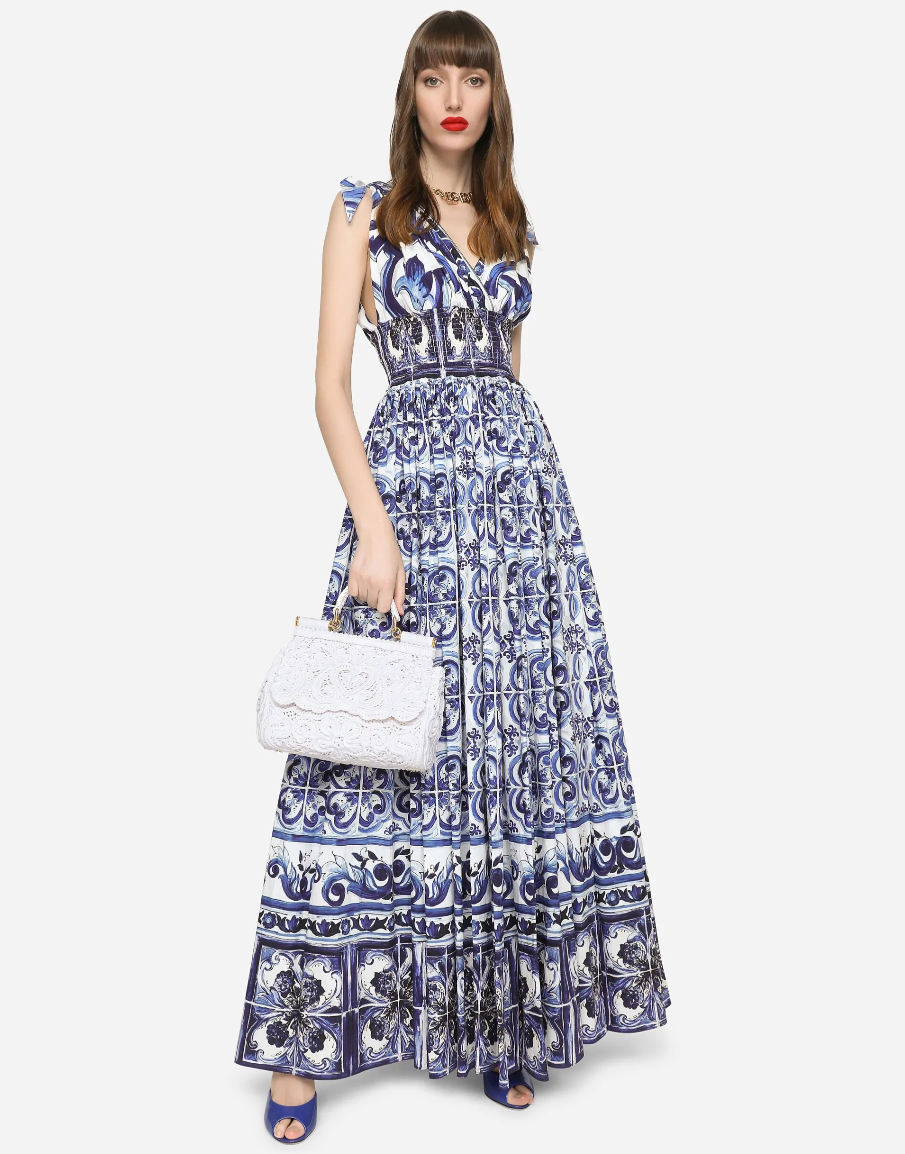 Long majolica-print poplin dress