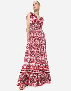 Long Majolica-print poplin dress