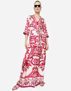 Long Majolica-print twill shirt dress