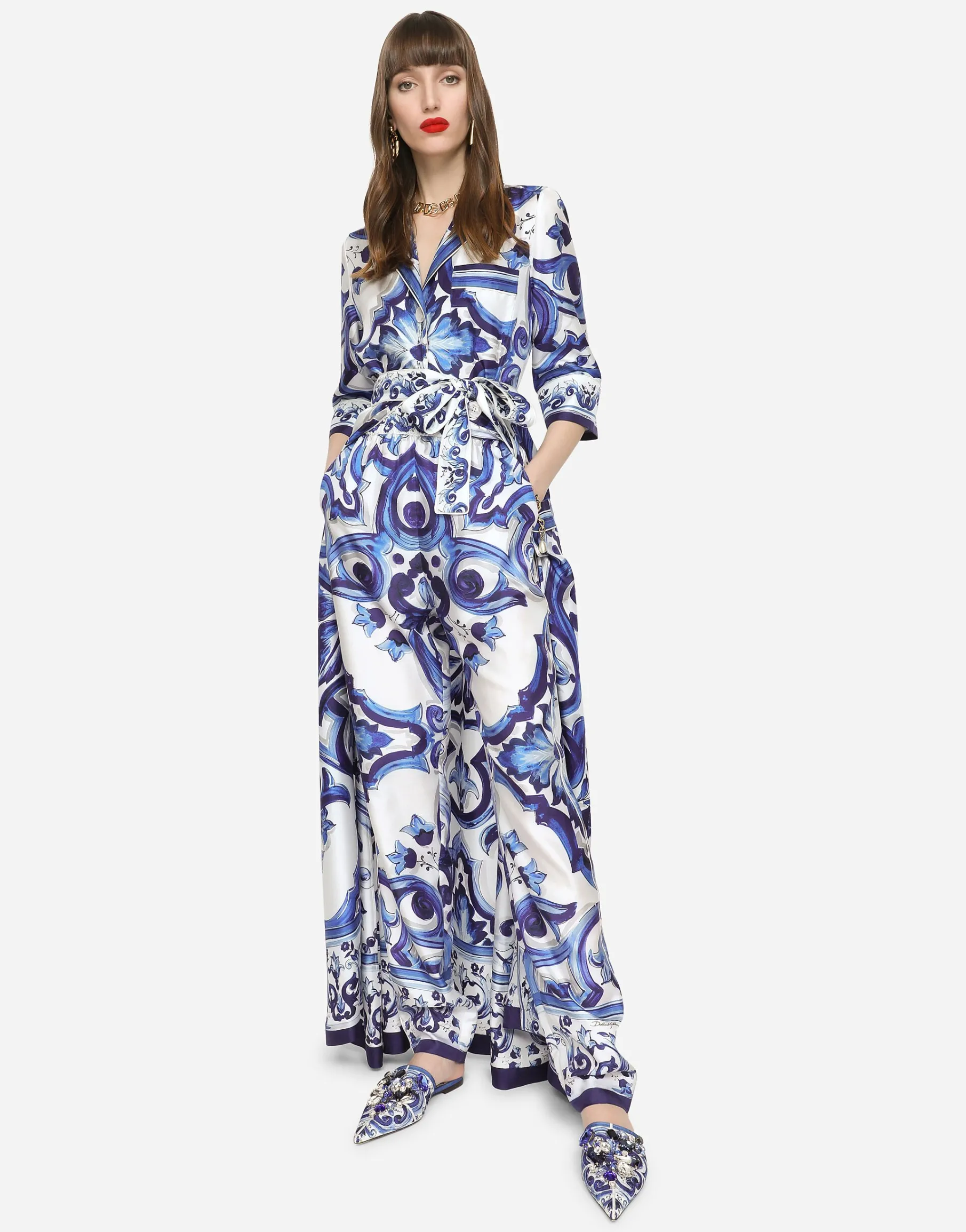 Long majolica-print twill shirt dress