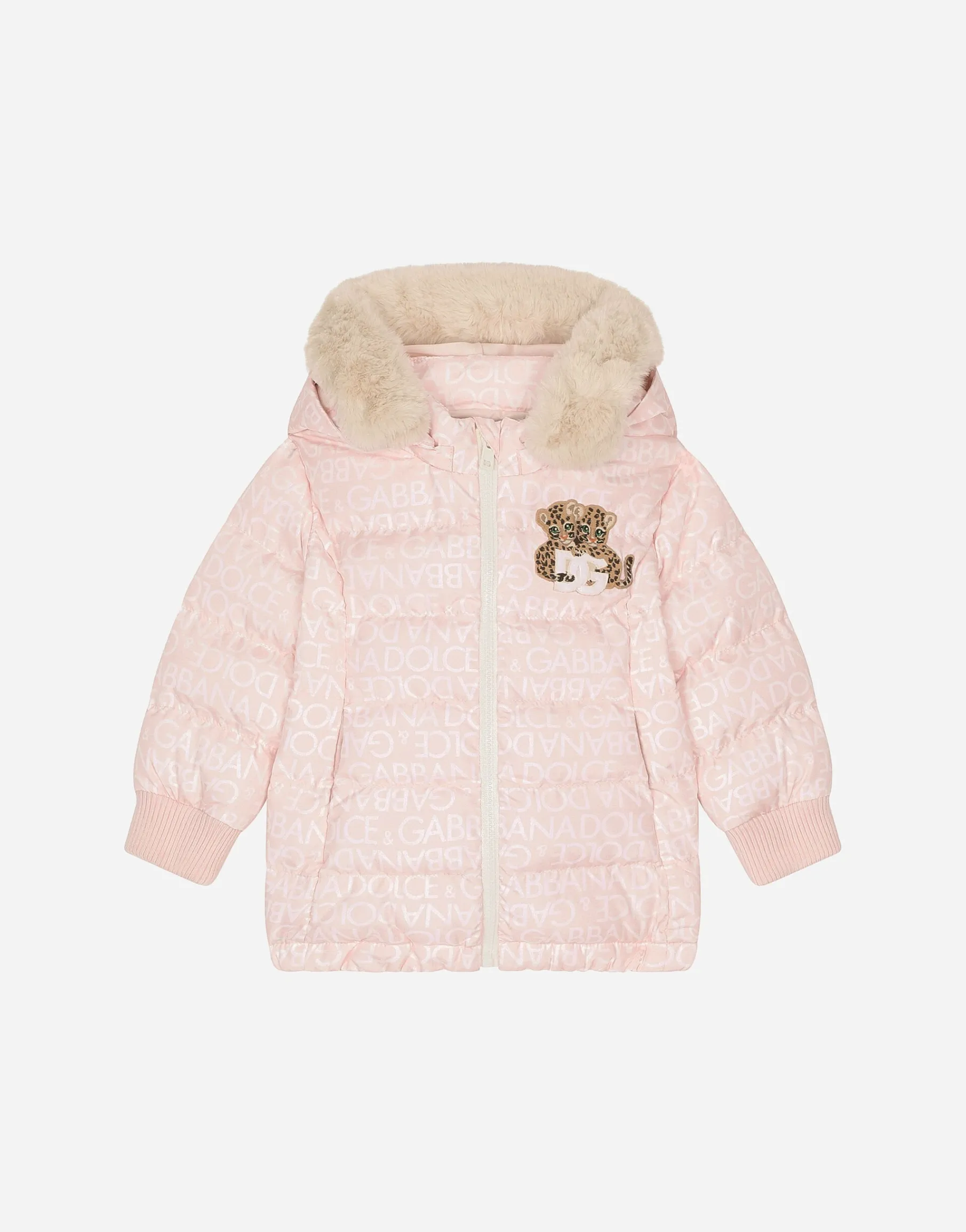 Long nylon down jacket with all-over logo print