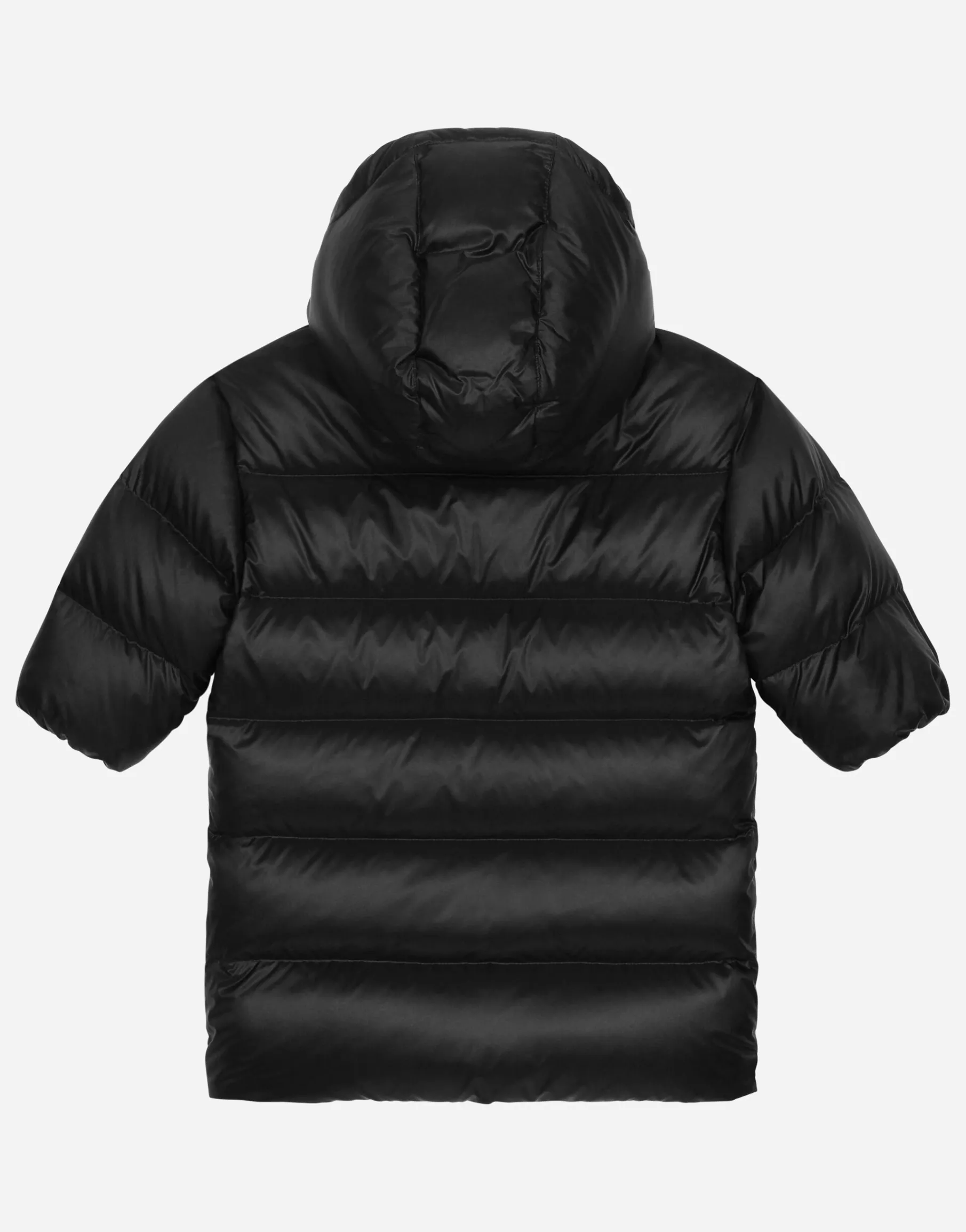 Long nylon down jacket with logo tag