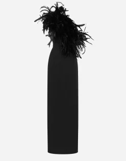 Long one-shoulder stretch cady dress with feathered neckline