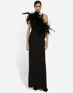 Long one-shoulder stretch cady dress with feathered neckline
