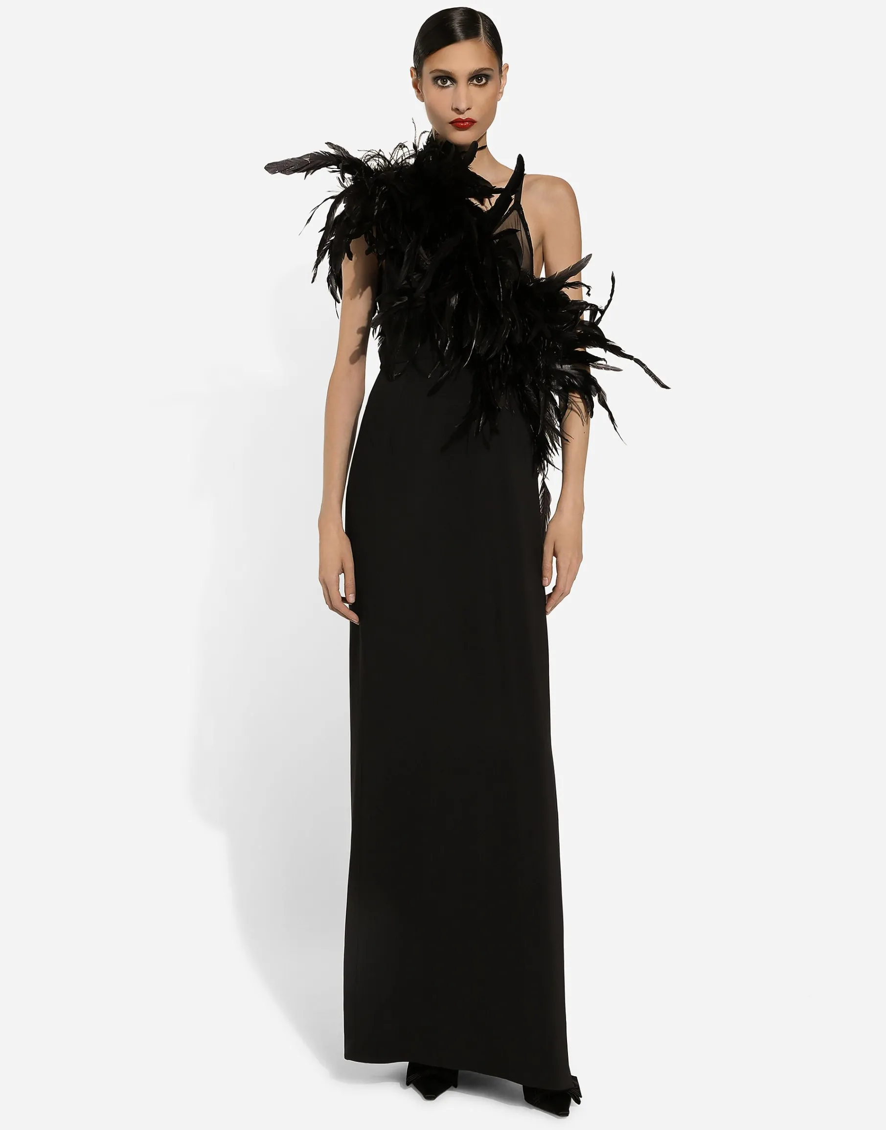 Long one-shoulder stretch cady dress with feathered neckline