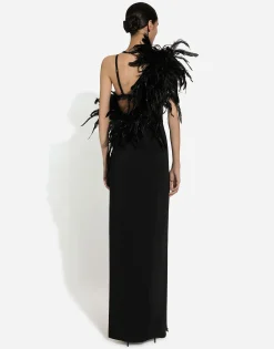 Long one-shoulder stretch cady dress with feathered neckline