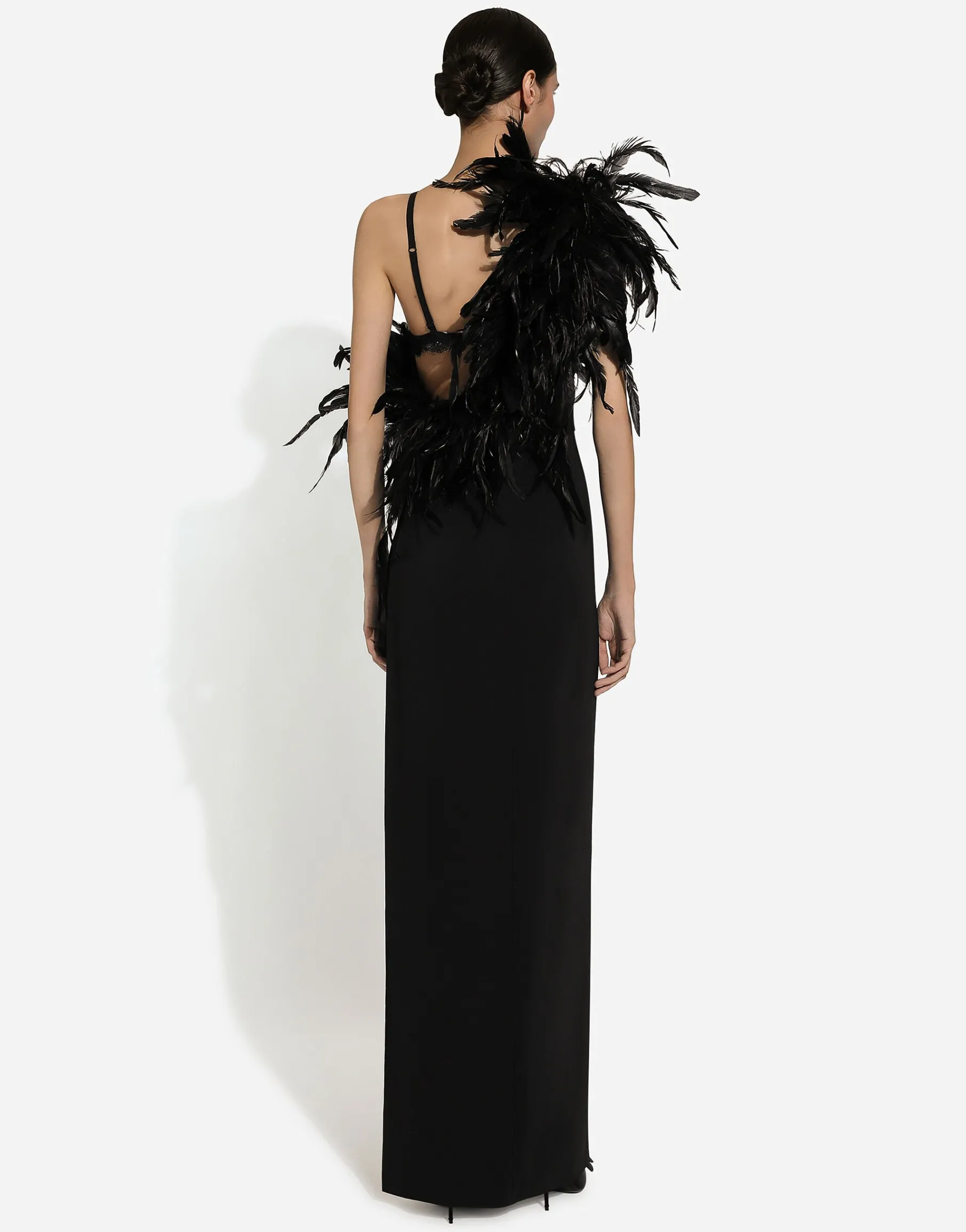 Long one-shoulder stretch cady dress with feathered neckline