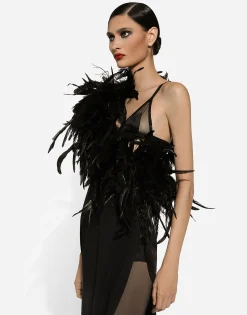 Long one-shoulder stretch cady dress with feathered neckline