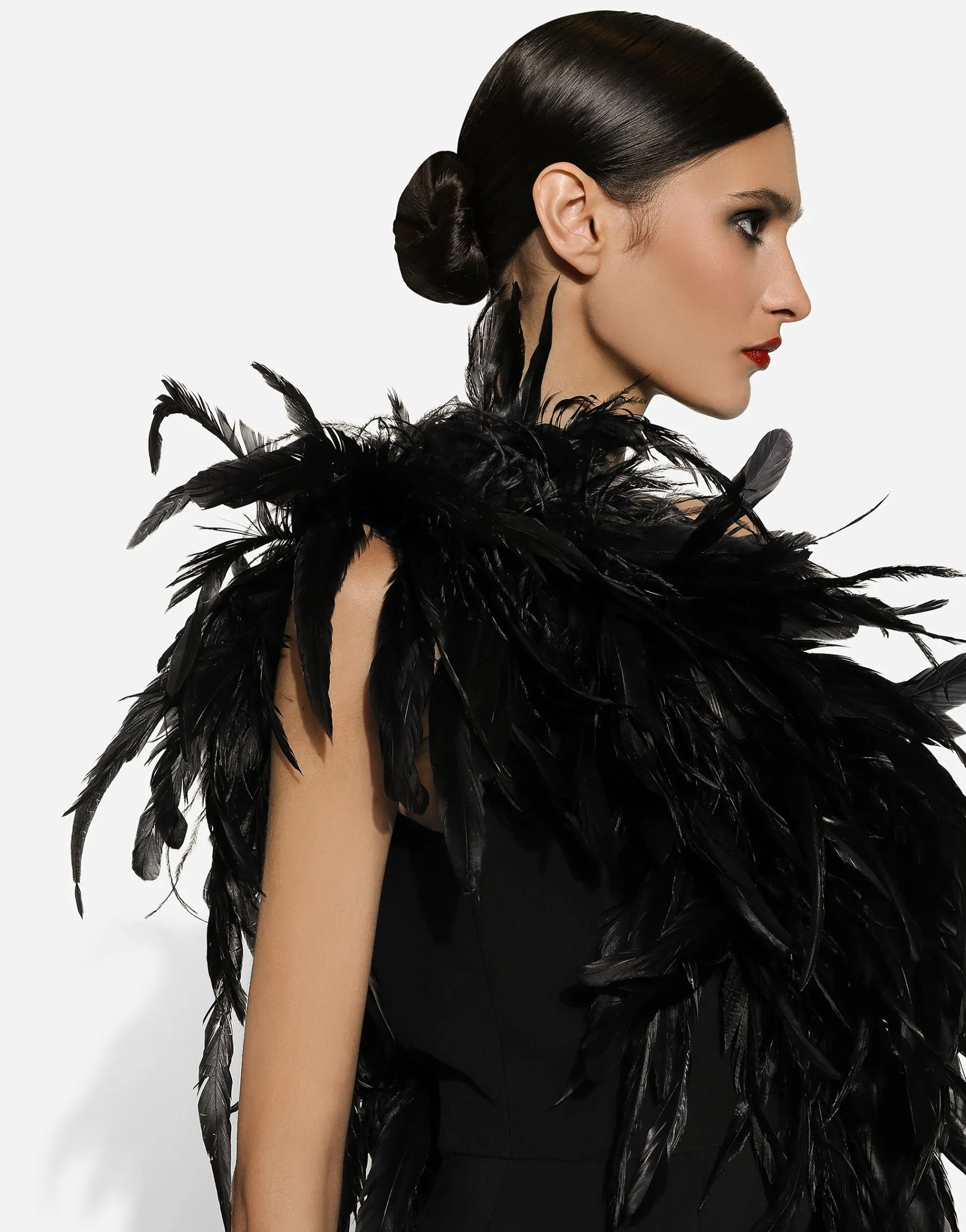 Long one-shoulder stretch cady dress with feathered neckline